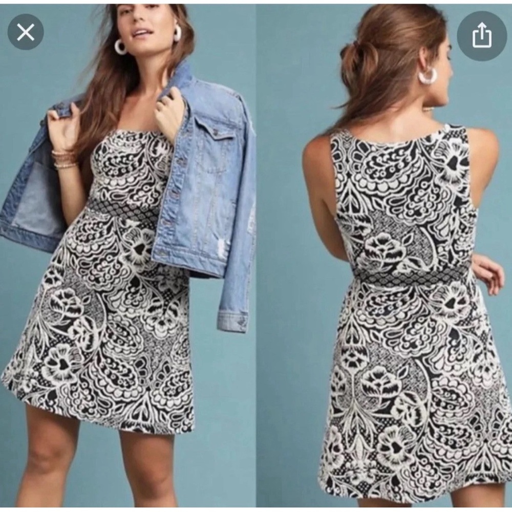NWT Ettitwa Anthropologie Women’s Knit Black White Floral Fit Flare Dress Size S